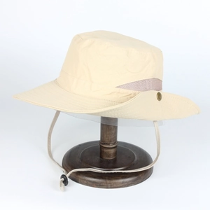 Outdoor sun hat for fishing and hiking with wide brim and mesh side vents in beige