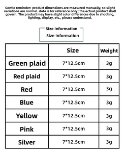 Size chart showing dimensions of mini sequin Christmas hat cutlery holders in various colors