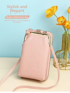 Detail of pink PU leather phone bag with wavy quilting and metallic clasp closure