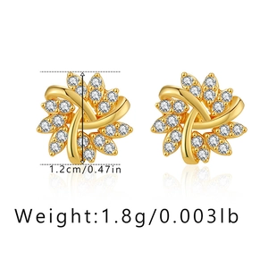 Detailed size view of flower heart studs with white cubic zirconia in gold plating