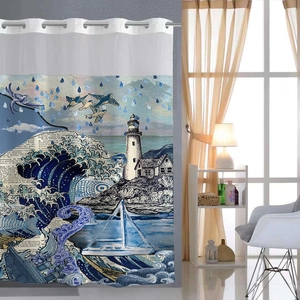 Detail of nautical shower curtain showing metal eyelets and blue ocean sail boat prints