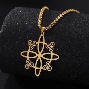 Detail shot of a gold-plated stainless steel geometric pendant with intricate patterns