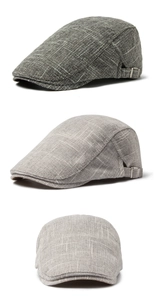 Detailed view of linen flat caps with breathable texture and adjustable metal side buckles