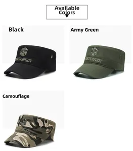 Close-up of military flat caps showing ARMY shield embroidery and metal eyelets detail