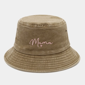 Vintage khaki washed cotton bucket hat with pink Mama embroidery and heart pattern