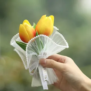Handcrafted artificial mini tulip bouquet with lace wrap and gold-lettered ribbon