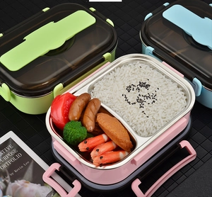 Three divided 304 stainless steel lunch boxes in pink, green and blue for meal prep