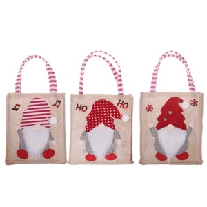 Set of three Christmas burlap gift bags featuring 3D faceless gnomes and striped handles