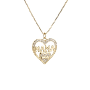 Macro shot of gold heart pendant with MAMA lettering and cubic zirconia accents