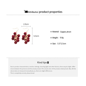 Detailed size chart for burgundy flocked grape tassel earrings with zircon studs