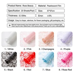 Waterproof pearlescent flower wrapping paper with rose embossing in various colors