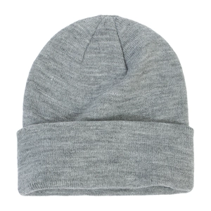 Close-up of gray ribbed knit beanie showing thick texture and folded cuff detail