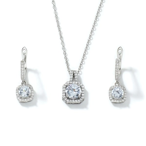 Sparkling square zircon jewelry set with silver necklace and earrings on white background