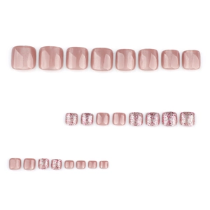 Dusty pink cat-eye press-on toenails with glitter powder finish in square shape
