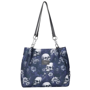 Gothic skull and floral print tote bag with silver chain handles and a dark blue finish