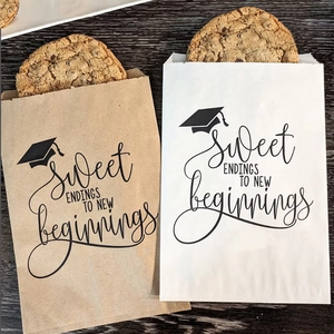 White and brown graduation gift bags with 'Sweet Endings to New Beginnings' text