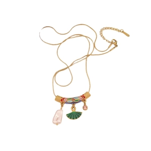 Vintage gold necklace with colorful enamel curved pendant and hanging pearls