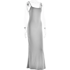 Detail of grey backless midi dress with slim fit straps and soft fabric texture