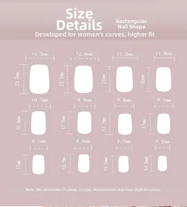 Tabella taglie dettagliata per unghie finte rosa con 12 diverse dimensioni e misure