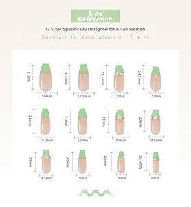 Size chart showing twelve dimensions for long green French chain press-on nails