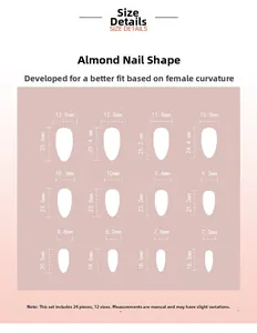 Size chart for 3D green almond press-on nails showing 24 pieces in 12 different dimensions