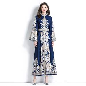 Dark blue long floral dress with baroque patterns and trumpet sleeves for women