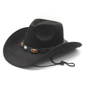 Western black faux suede cowboy hat with turquoise stone and windproof rope detail