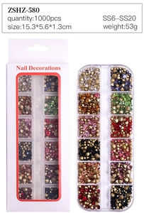 Detailed boxed nail art rhinestones showing various sizes SS6-SS20 and vibrant colors