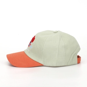 Detail of embroidered cartoon dinosaur on green and orange kids baseball cap