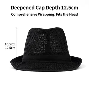 Atmungsaktiver Herren-Fedora aus schwarzem Mesh mit 12,5 cm tiefer Krone für den Sommer