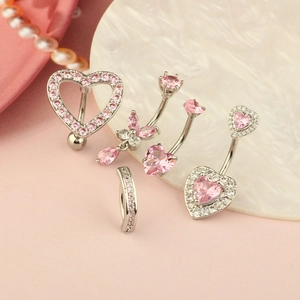 Lot de piercings de nombril en acier argenté avec zircons roses en cœur et papillon