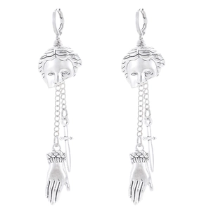 Gothic silver dangle earrings featuring vintage relief face, palm and dagger charms