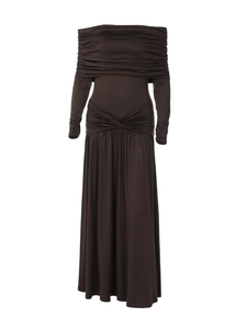 Elegant deep brown off-the-shoulder pleated maxi dress with long sleeves and slim waist