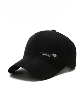Close-up of side branding and diamond pattern on black baseball cap for men