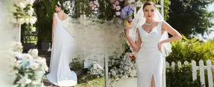 Detailed front and back views of a white satin mermaid wedding dress with high slit