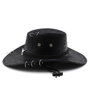 Close-up of black western cowboy hat featuring distressed leather texture and metal rings