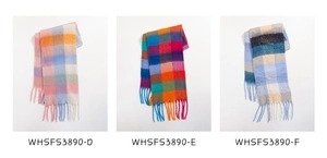 Detailed comparison of three plaid scarves with soft fringes in different color patterns
