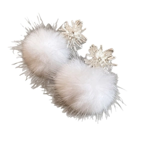 Silver needle snowflake zirconia earrings with white plush fur ball pendants for winter