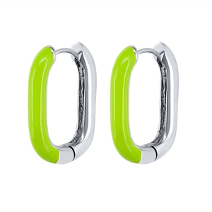 Macro detail of silver U-shaped earrings with vibrant neon green enamel glaze finish