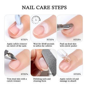 Nail repair softener six-step guide showing cuticle removal and manicure process