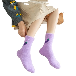 Plush purple coral fleece socks with cute eggplant embroidery for winter warmth