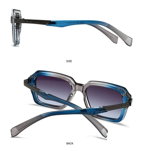 Macro detail of squared aviator sunglasses showing side hinges and temple specifications