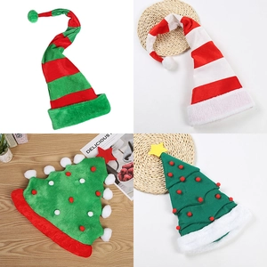 Set of four festive Christmas hats including striped elf and tree designs for holiday parties