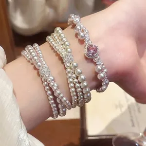 Elegant Multilayer Artificial Pearl Bracelet With Zircon Geometric Charms Fashion Luxury Style Jewelry Gift For Women Pink Stone