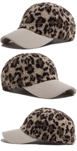 Three-angle view of leopard faux fur baseball cap with beige corduroy brim detail
