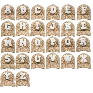 Leopard print ponytail baseball cap set with gold sequin chenille alphabet patches