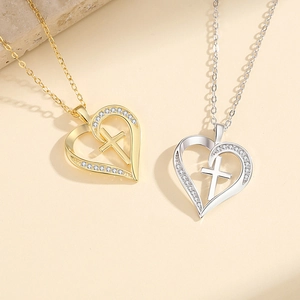 S925 sterling silver heart cross necklace with full diamond inlay in gold and silver