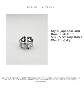 Detail of S925 sterling silver open ring featuring vintage woven texture and 6.4g weight