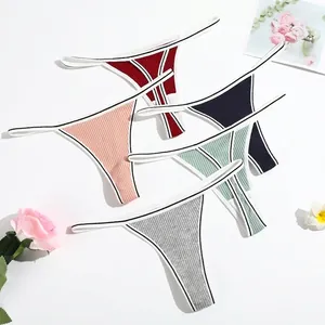 Women Ribbed Cotton Thong Panties Low Waist Breathable Contrast Striped Elastic Waistband Athletic Underwear T-Back
