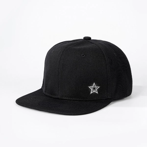 Detail of a black flat brim snapback cap with a white-bordered five-pointed star embroidery